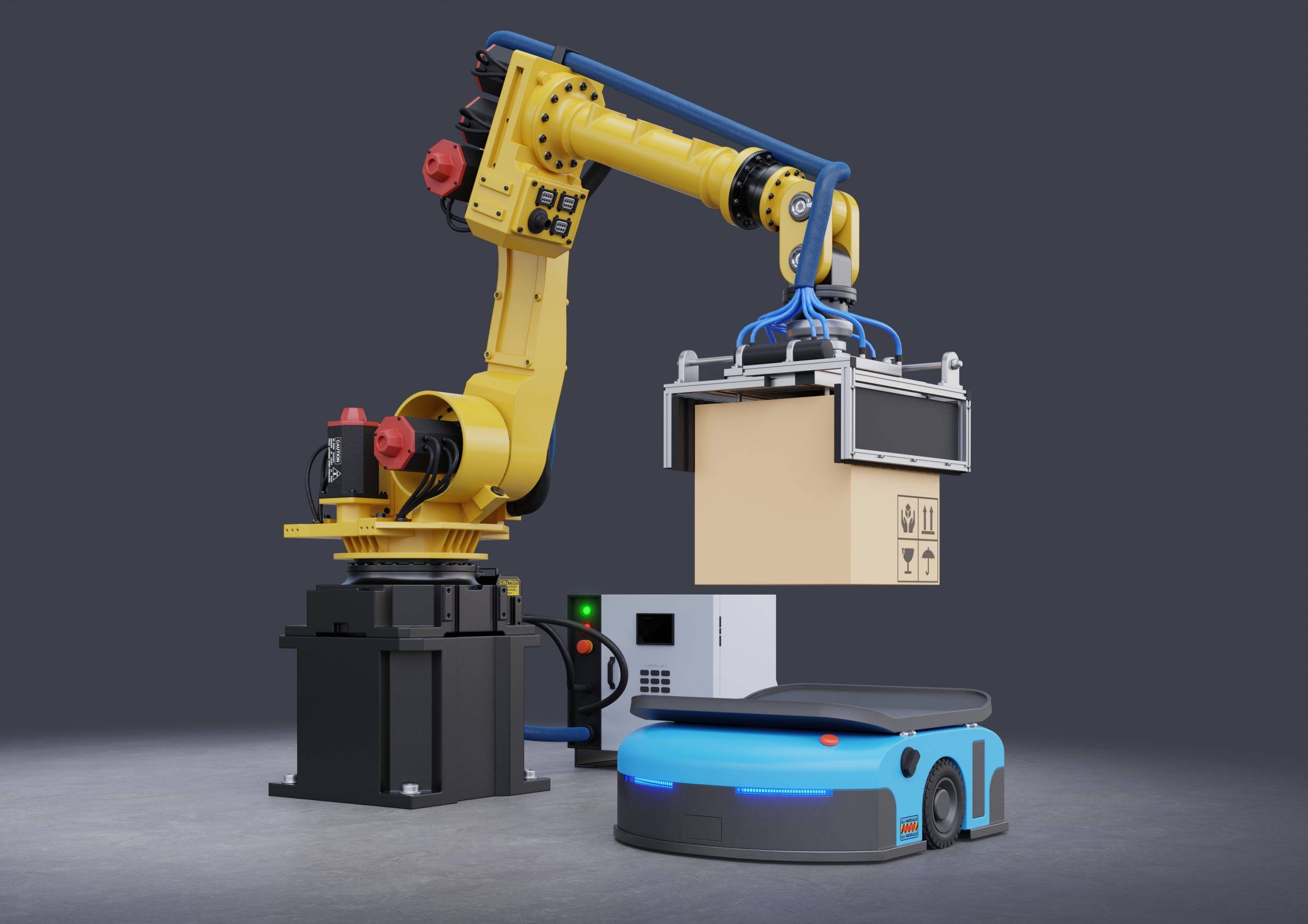 , Bismart Robot Arm Concept Picks Up The Box To Automated Guided Vehicle Agv 3d Rendering Scaled