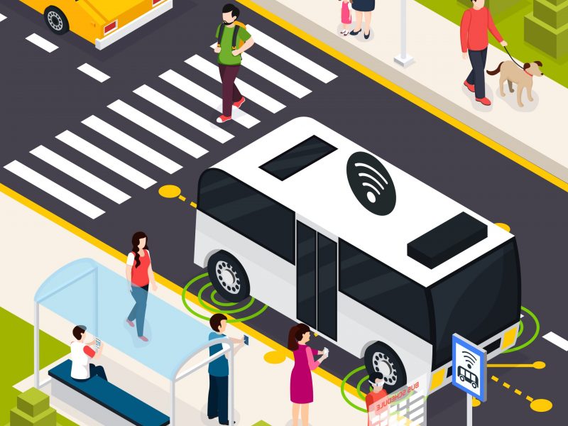 Autonomous vehicle isometric composition with pedestrians on crosswalk passenger on public transport stop waiting unmanned bus vector illustration
