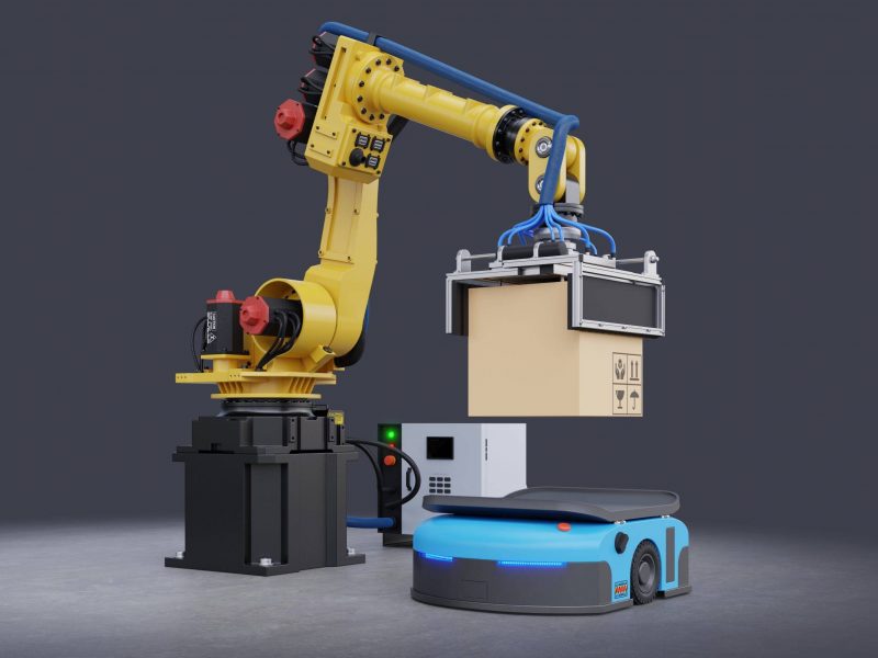 Robot arm concept picks up the box to automated guided vehicle (AGV),3d rendering